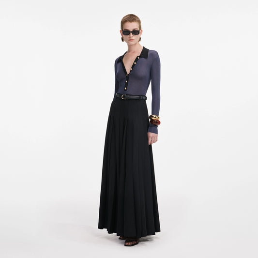 Black Pleated Twill Maxi Skirt