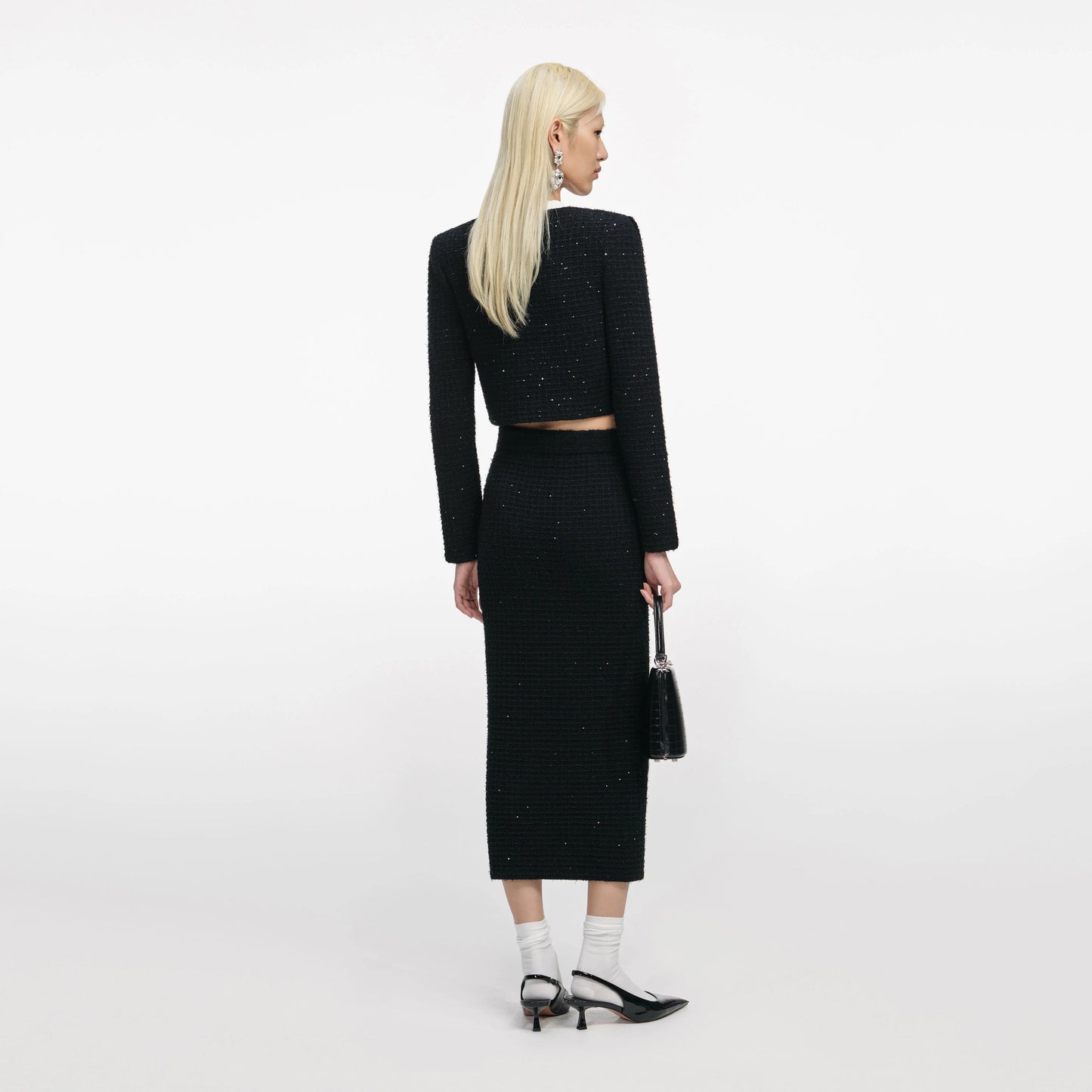 Black Textured Knit Midi Skirt
