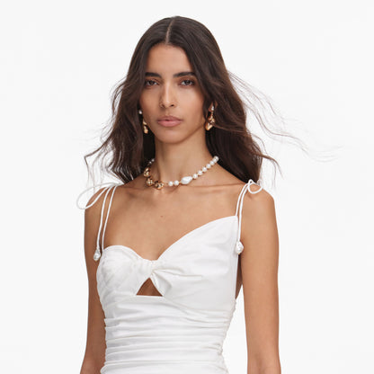 White Cotton Gathered Midi Dress
