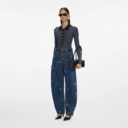Blue Embellished Barrel Leg Jeans