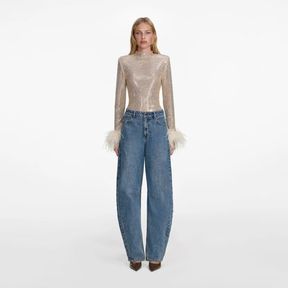 Champagne Rhinestone Feather Top