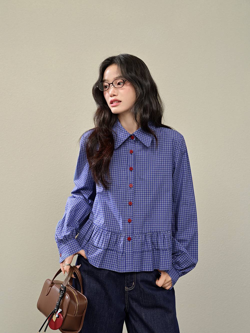 Blue Plaid Ruffle Blouse
