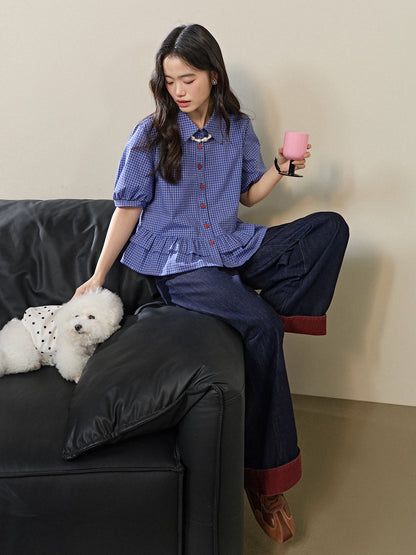 Blue Plaid Ruffle Blouse