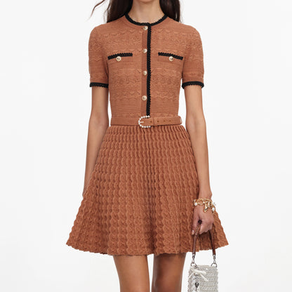 Brown Pointelle Knit Mini Dress
