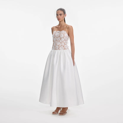 White Lace Taffeta Maxi Dress