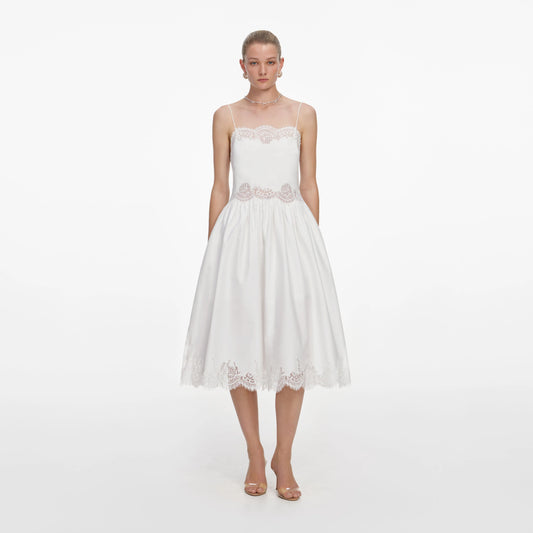 White Cotton Lace Trim Midi Dress