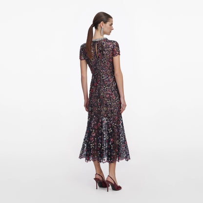 Navy Floral Sequin Midi Dress