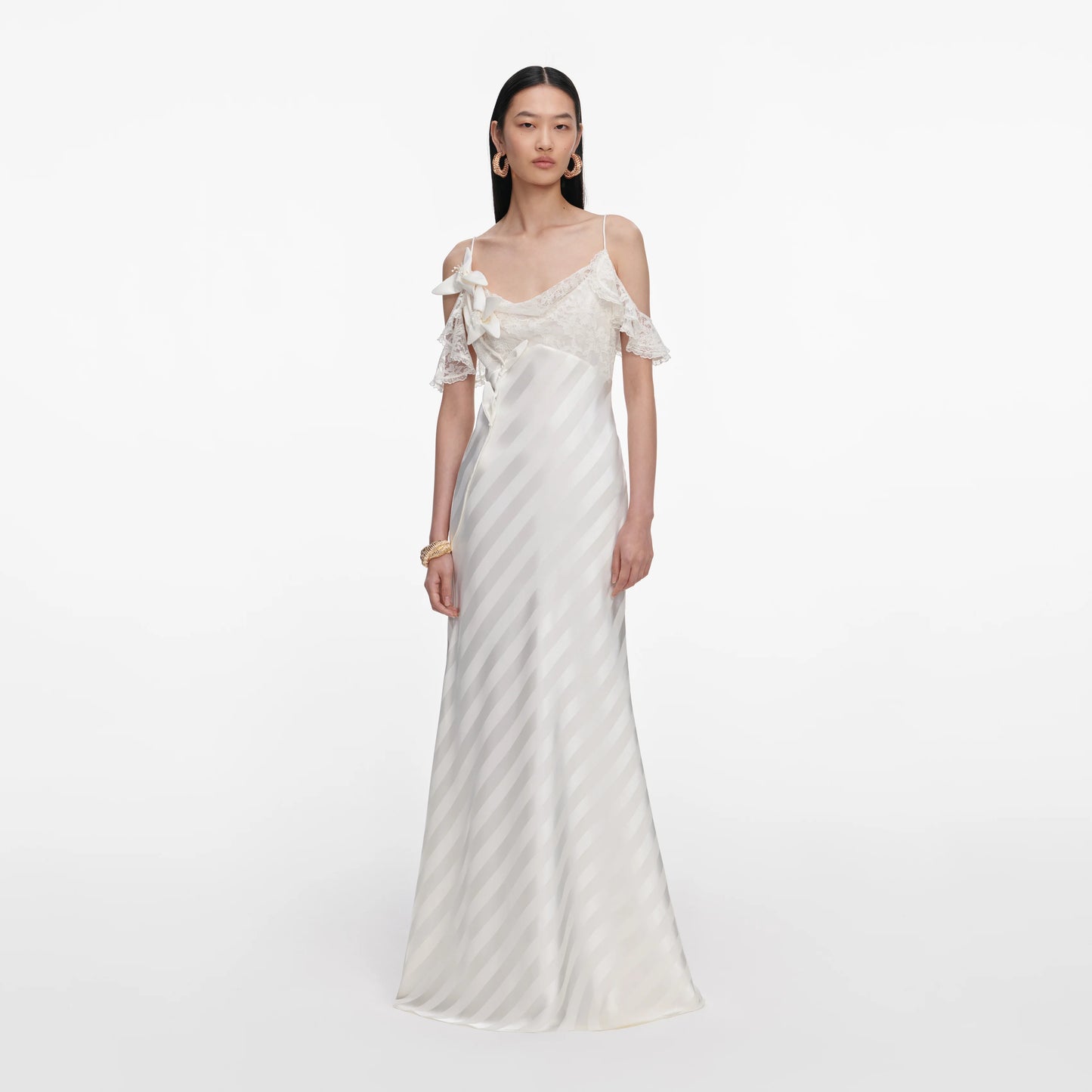 Cream Satin Striped Maxi Dress