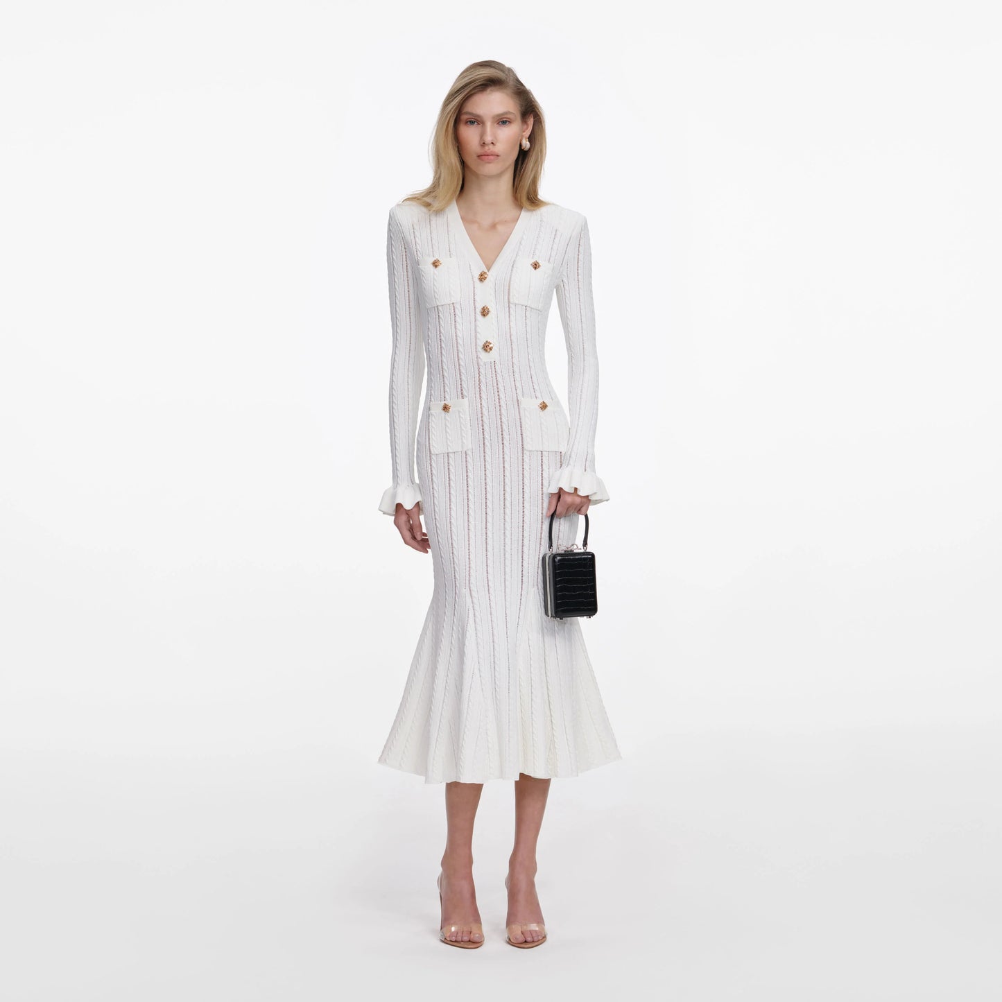 White Pointelle Knit Midi Dress