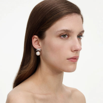 Crystal Bow Pearl Back Earrings