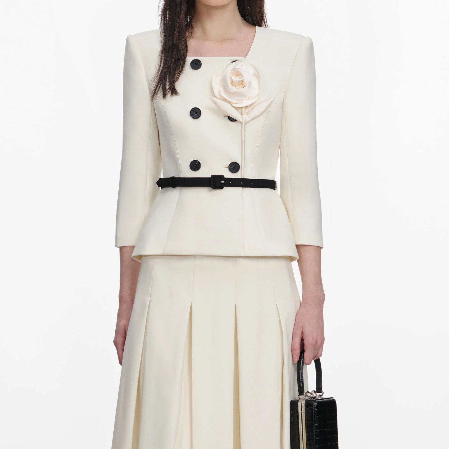 Cream 3D Flower Tailored Midi Dress