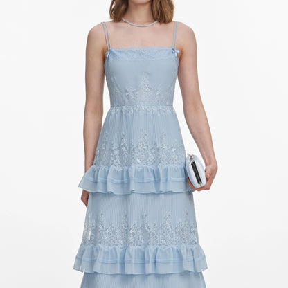 Blue Chiffon Lace Tiered Midi Dress