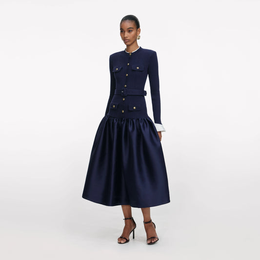Navy Knit Taffeta Midi Dress