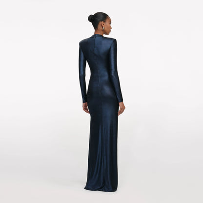 Navy Metallic Gathered Maxi Dress