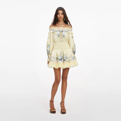 Yellow Floral Organza Ruffle Mini Dress