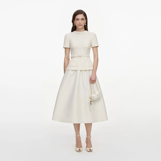 Cream Boucle Taffeta Midi Dress