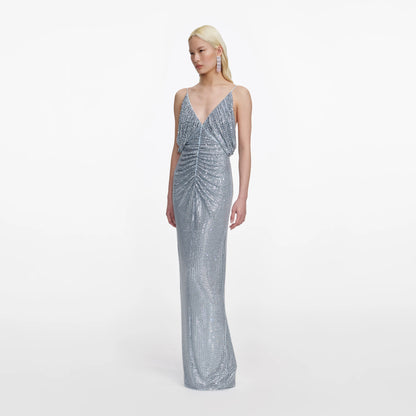 Blue Rhinestone Mesh Maxi Dress