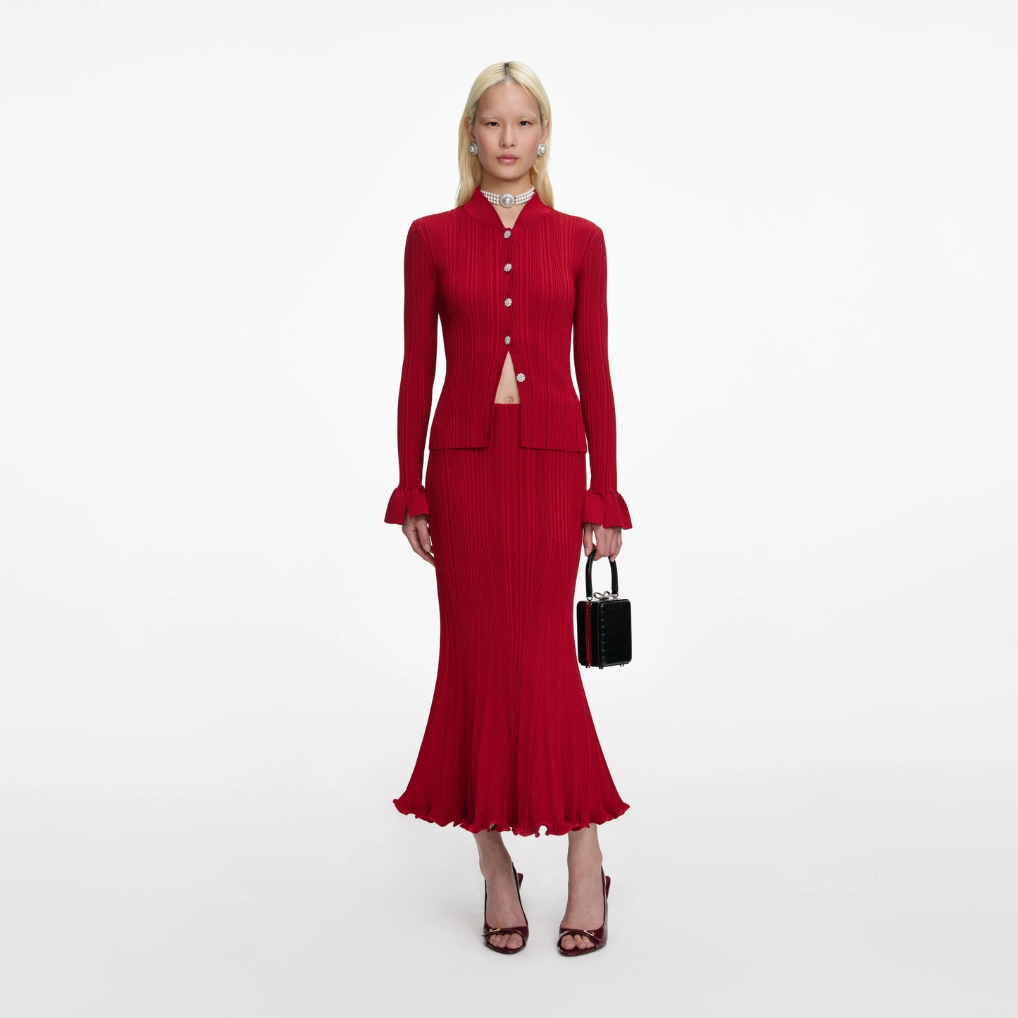 Red Viscose Knit Midi Skirt