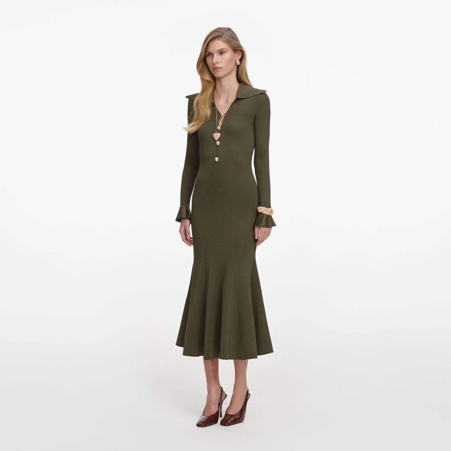 Khaki Pointelle Knit Midi Dress