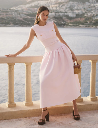 Pink Taffeta Belted Midi Dress