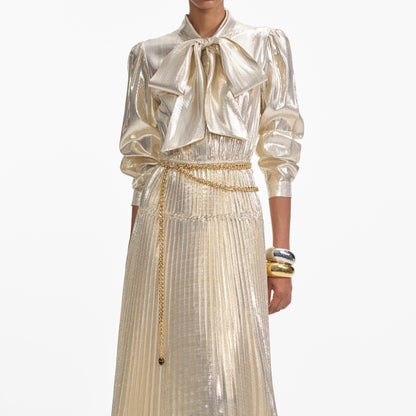 Gold Metallic Tie Neck Maxi Dress