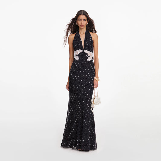 Black Polka Dot Halter Neck Maxi Dress