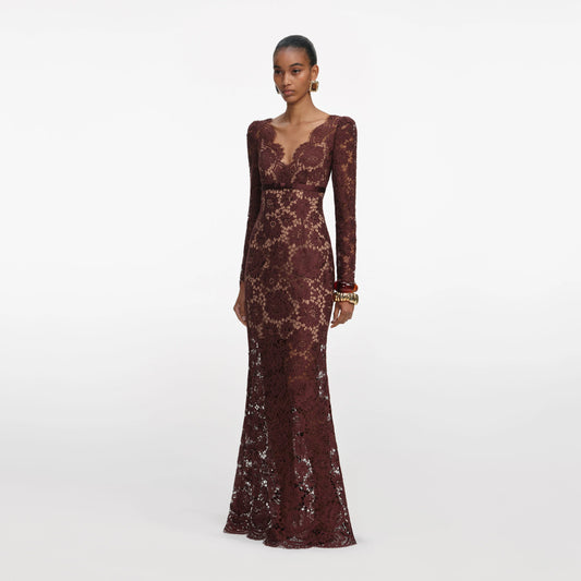 Brown Floral Lace Maxi Dress
