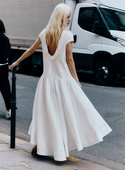 White Satin Ramie Midi Dress