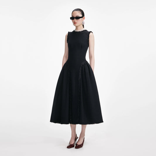 Black Boucle Sleeveless Midi Dress