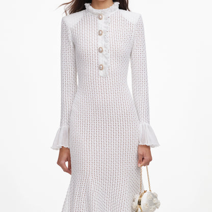 White Pointelle Knit Flare Midi Dress