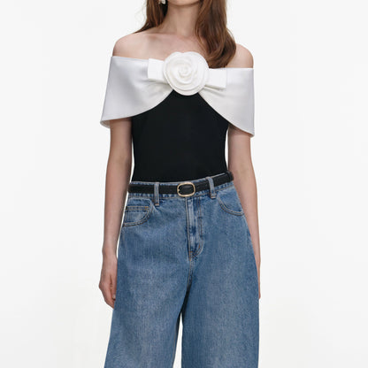 Black Crepe Flower Top