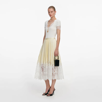 Yellow Satin Lace Midi Skirt