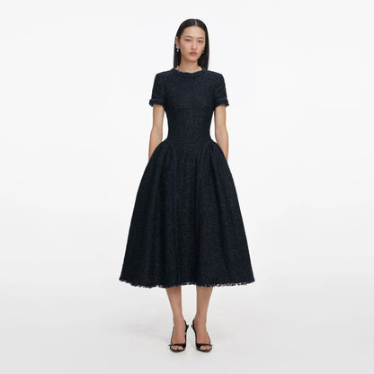 Navy Metallic Boucle Midi Dress