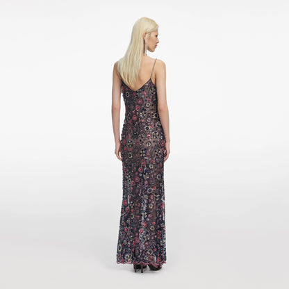 Navy Floral Sequin Maxi Dress