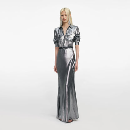 Silver Metallic Crinkle Maxi Dress