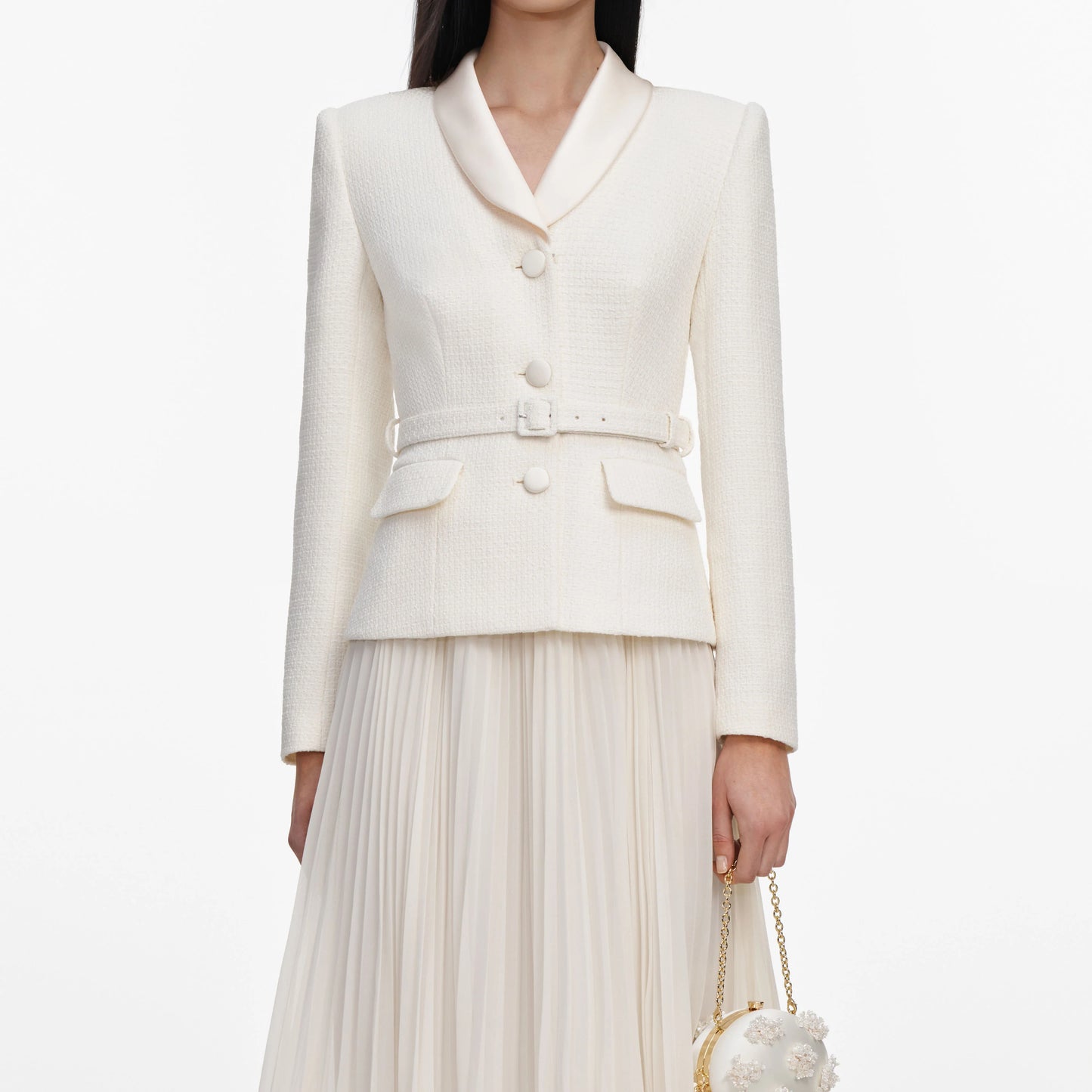 Cream Boucle Shawl Collared Midi Dress