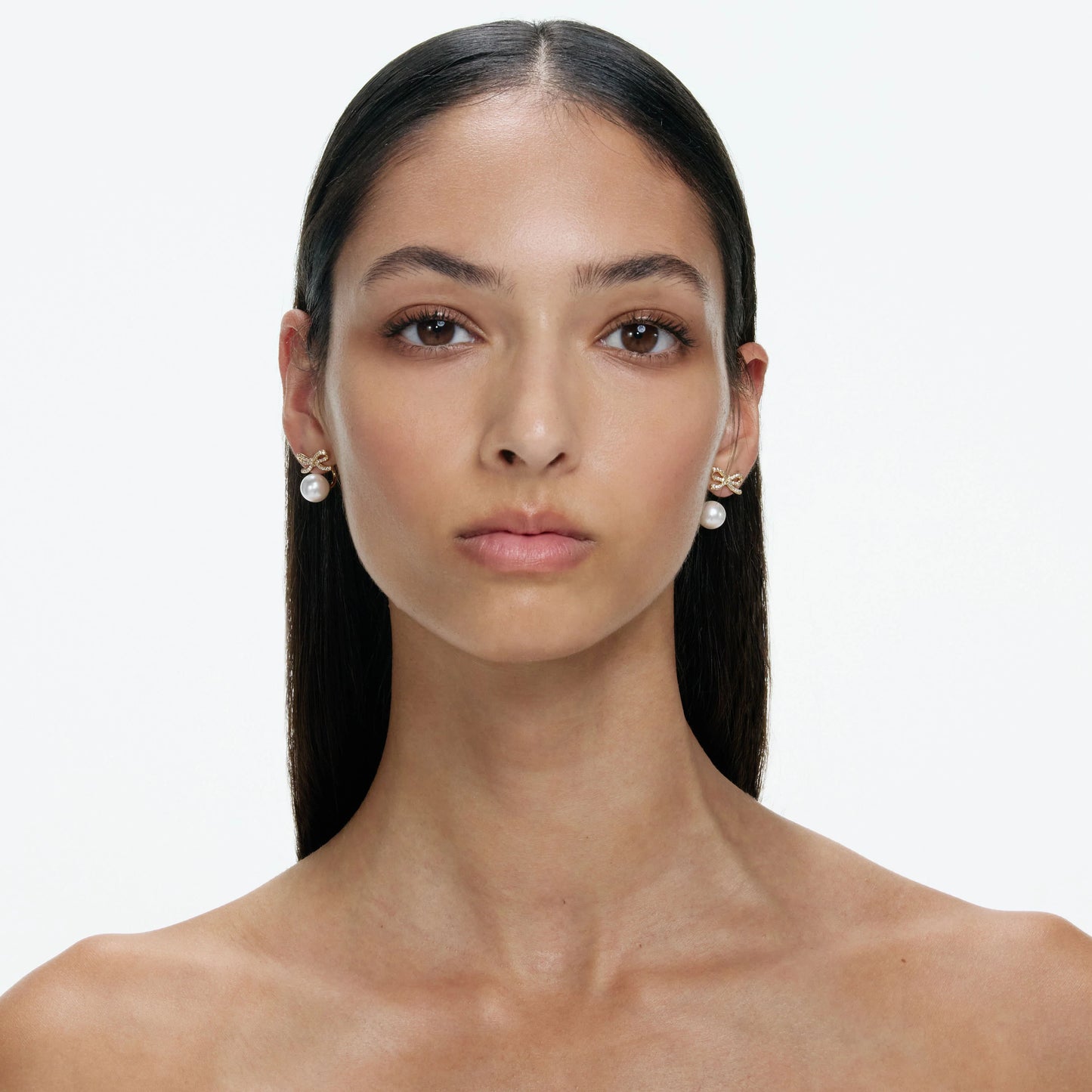 Gold Bow Pearl Jacket Earrings
