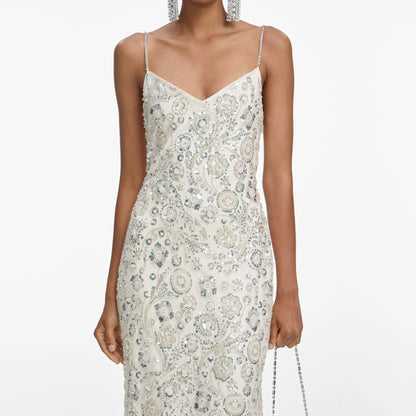 Cream Floral Sequin Maxi Dress