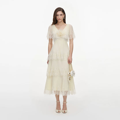 Yellow Chiffon Tiered Midi Dress