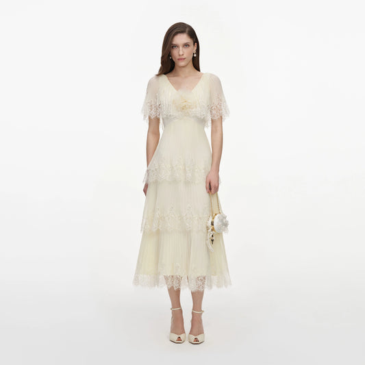 Yellow Chiffon Tiered Midi Dress