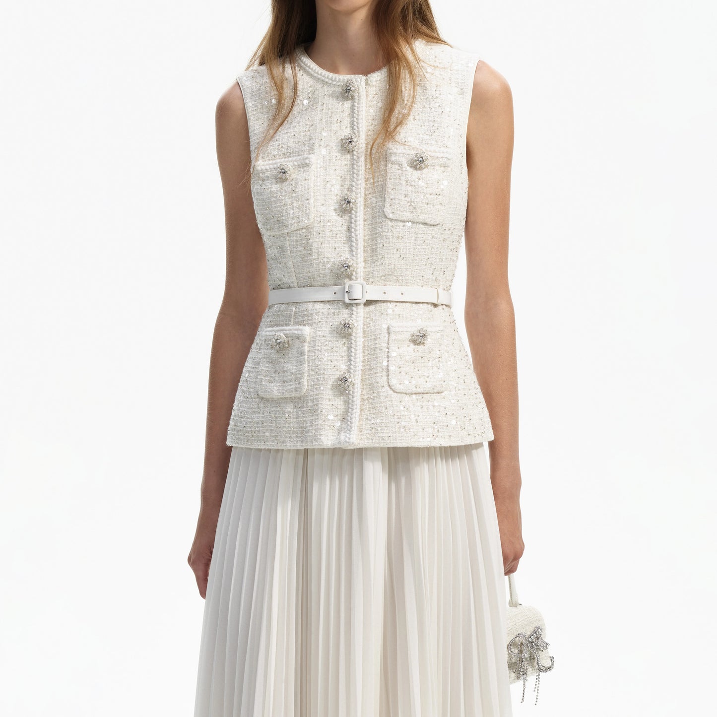 Cream Sequin Boucle Tailored Midi Dress