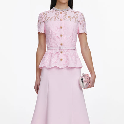 Pink Lace Crepe Midi Dress