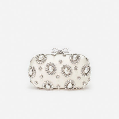 Cream Satin Multi Crystal Clutch Bag