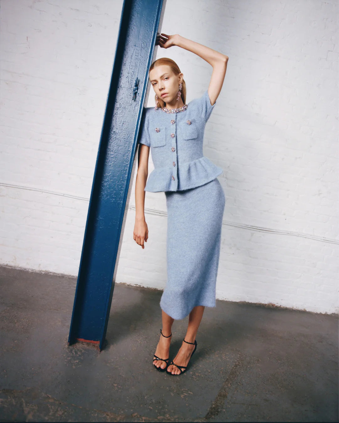 Blue Peplum Knit Midi Dress