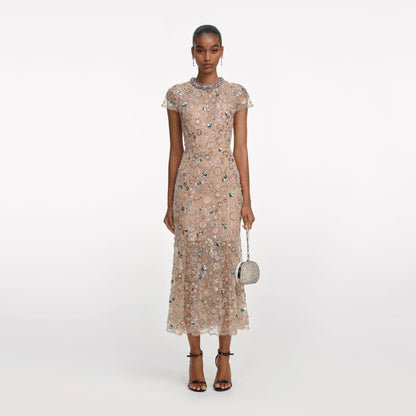 Champagne Sequin Embroidered Midi Dress