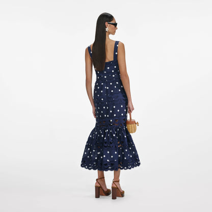 Navy Polka Dot Linen Midi Dress