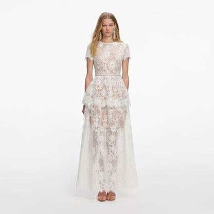 White Sequin Lace Tiered Maxi Dress