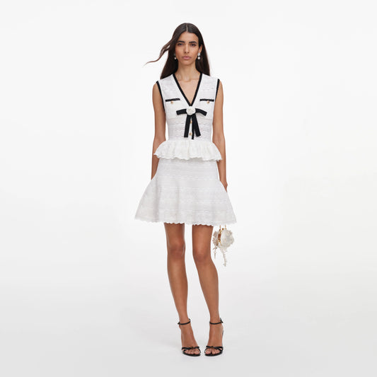White Peplum Pointelle Knit Mini Dress