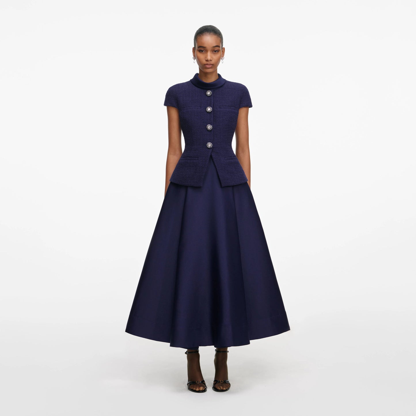 Navy Boucle Taffeta Midi Dress