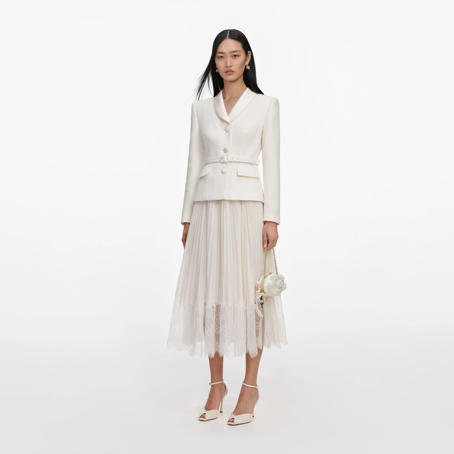 Cream Boucle Shawl Collared Midi Dress